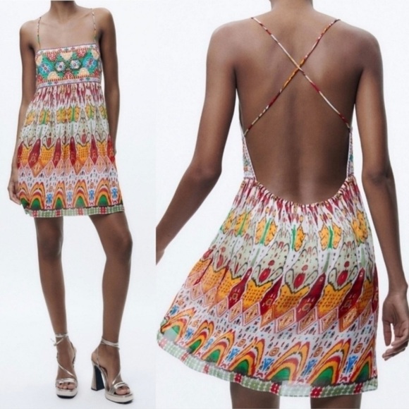 Zara Strappy Embroidered Boho Mini Dress NWT Size Large - Picture 1 of 12
